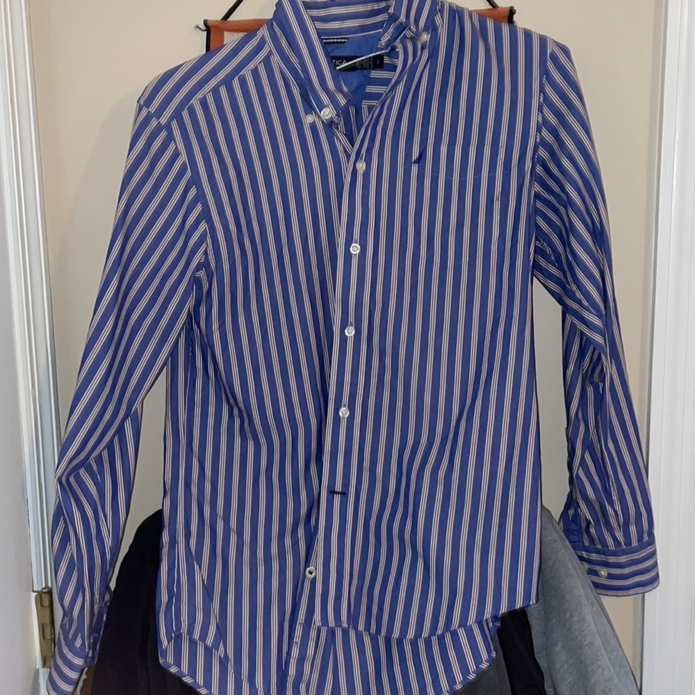 Long sleeved nautical striped button down shirt